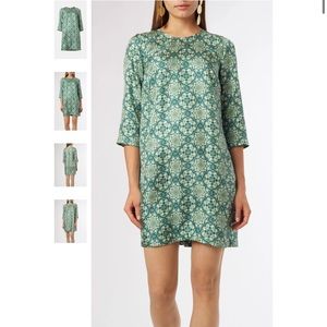 Ines print, Nieves Lavi 100% silk 70’s style abstract textile print green dress